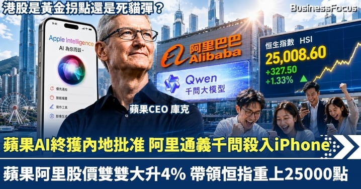 蘋果AI終獲內地批准 阿里千問殺入iPhone 蘋果阿里股價雙雙大升4% 帶領恒指重上25000點 港股是黃金拐點還是死貓彈？