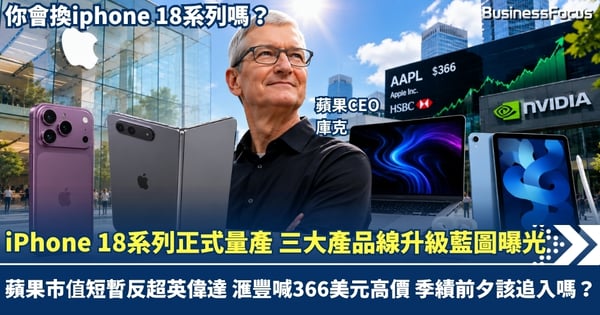 iPhone 18系列正式量產 三大產品線升級藍圖曝光 蘋果市值短暫反超英偉達！ 滙豐喊366美元高價 季績前夕該追入嗎？