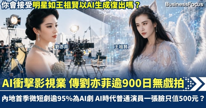 AI衝擊影視業 傳劉亦菲逾900日無戲拍 王祖賢息影22年授權AI復出!內地首季微短劇逾95%為AI劇 AI時代普通演員一張臉只值500元?