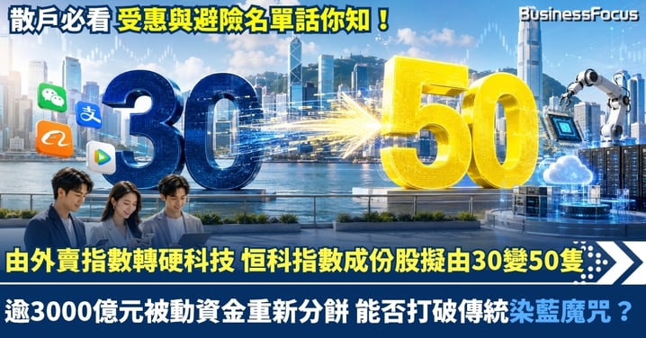 告別「外賣指數」轉向「硬科技」 恒科成份股擬由30變50隻  逾3000億元被動資金重新分餅 能否打破傳統「染藍魔咒」？ 受惠與避險名單話你知！