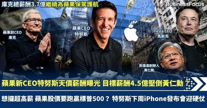 蘋果新CEO特努斯天價薪酬曝光 目標薪酬4.5億壓倒黃仁勳?想攞超高薪 蘋果股價要跑贏標普500? 特努斯首仗迎戰下週iPhone發布會