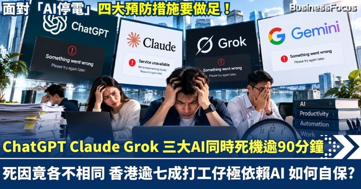 ChatGPT Claude Grok 全球三大AI同時死機逾90分鐘！離奇巧合死因竟各不相同 香港逾七成打工仔極度依賴AI 面對「AI停電」四大預防措施要做足！