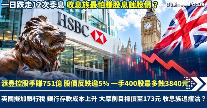 滙控季賺751億股價反跌逾5% 一手400股最多蝕3840元 英國擬加銀行稅 銀行存款成本上升 大摩削目標價至173元 收息族追揸沽?
