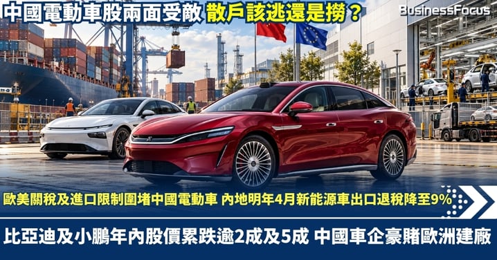 歐美關稅及進口限制圍堵中國電動車 內地明年4月新能源車出口退稅降至9% 比亞迪及小鵬年內股價累跌逾2成及5成 中國雷動車兩面受敵 散戶該逃還是撈?