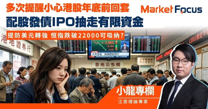 【小龍專欄】多次提醒小心港股年底前回套 配股發債IPO抽走有限資金 提防美元轉強 恒指跌破22000可吸納?